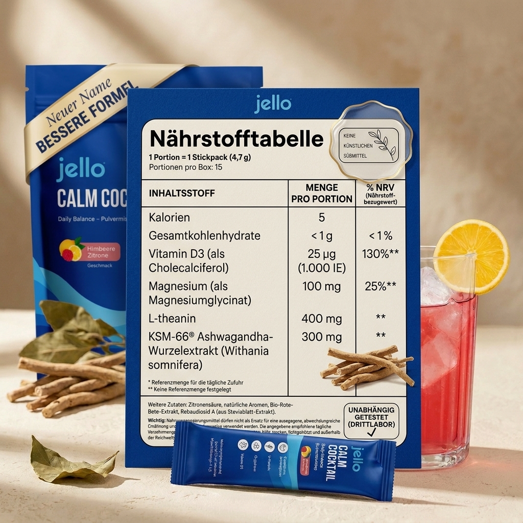 Inhaltsstoffe des Cortisol Cocktails: Ashwagandha KSM-66, Magnesium-Glycinat, L-Theanin und Vitamin D3